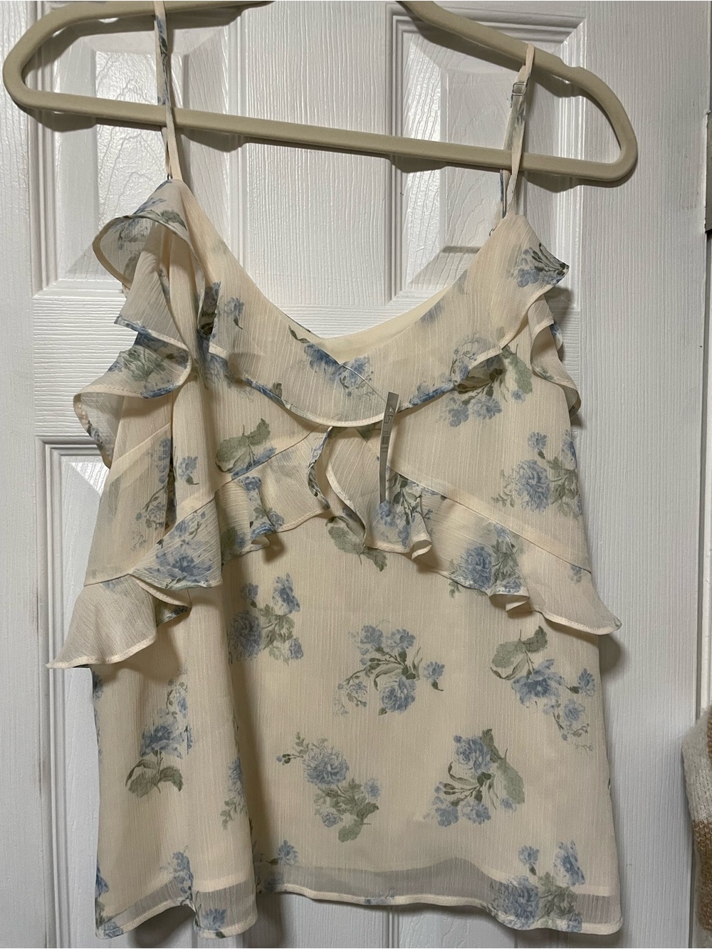 LOFT Cream Floral Ruffle Camisole with Blue Rose Print